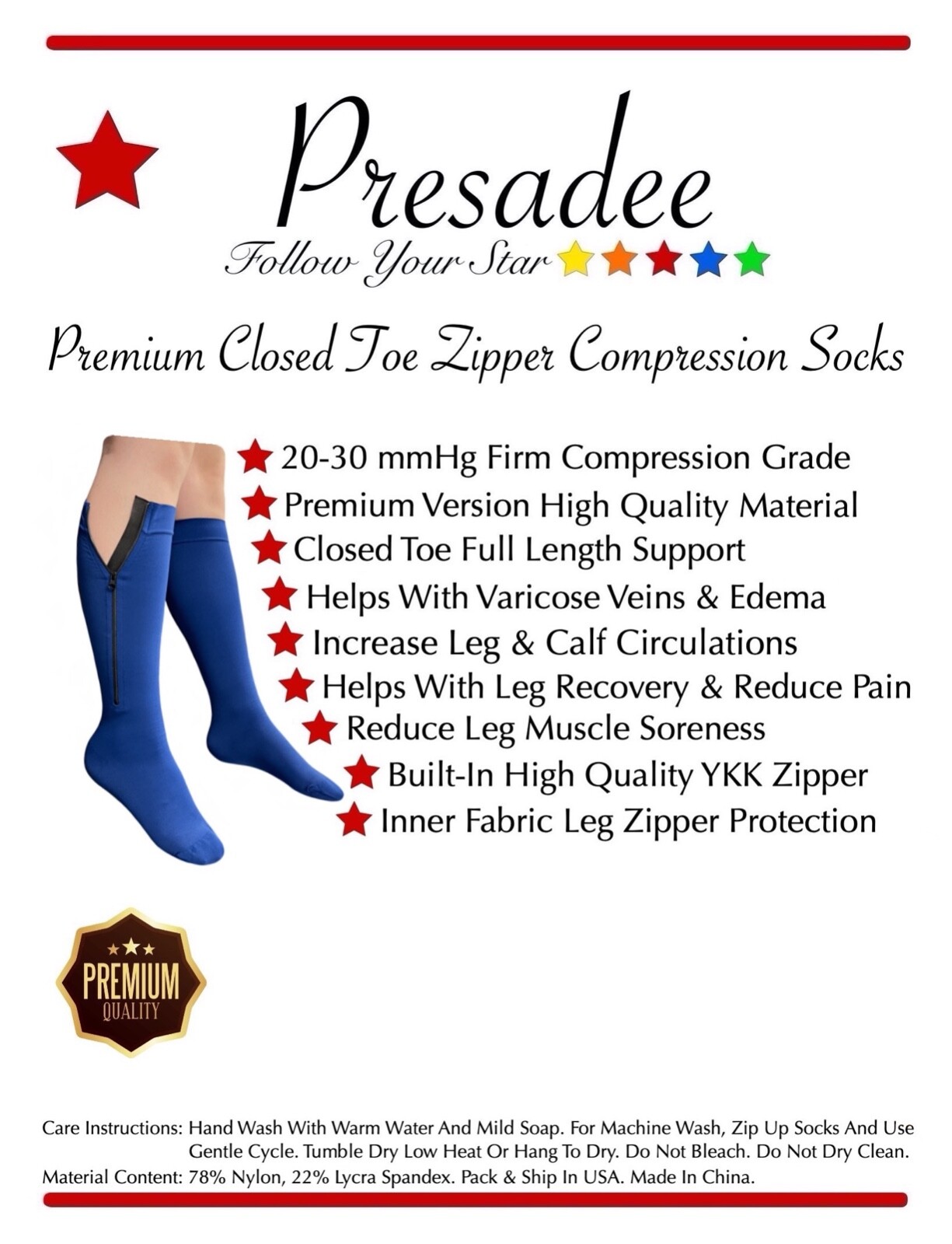 🔴 Presadee Premium Navy Closed Toe 20-30 mmHg Firm Compression Leg Zipper Socks