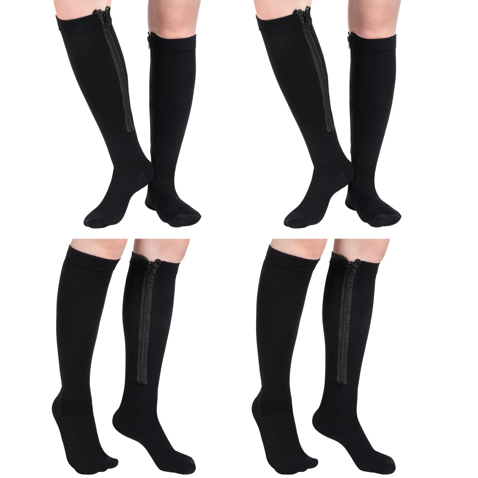 Tarpop 4 Pair Zipper Compression Socks Closed Toe 20-30 Mmhg Large, Black