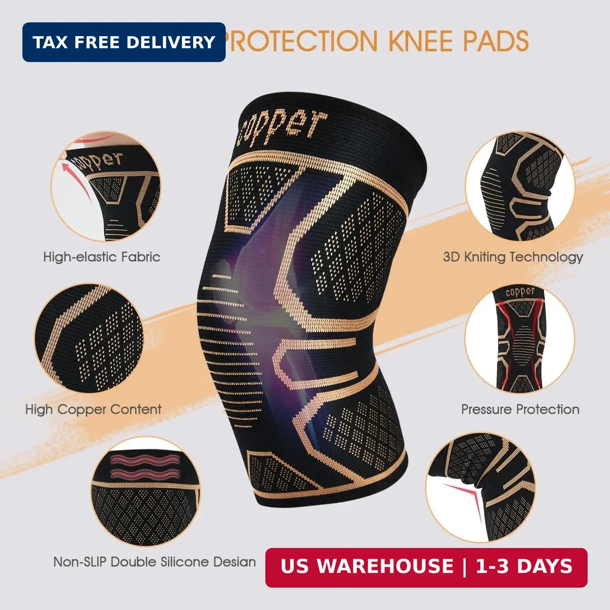Copper Knee Braces for Knee Pain 2 pack, Knee Compression Sleeve Support for Men