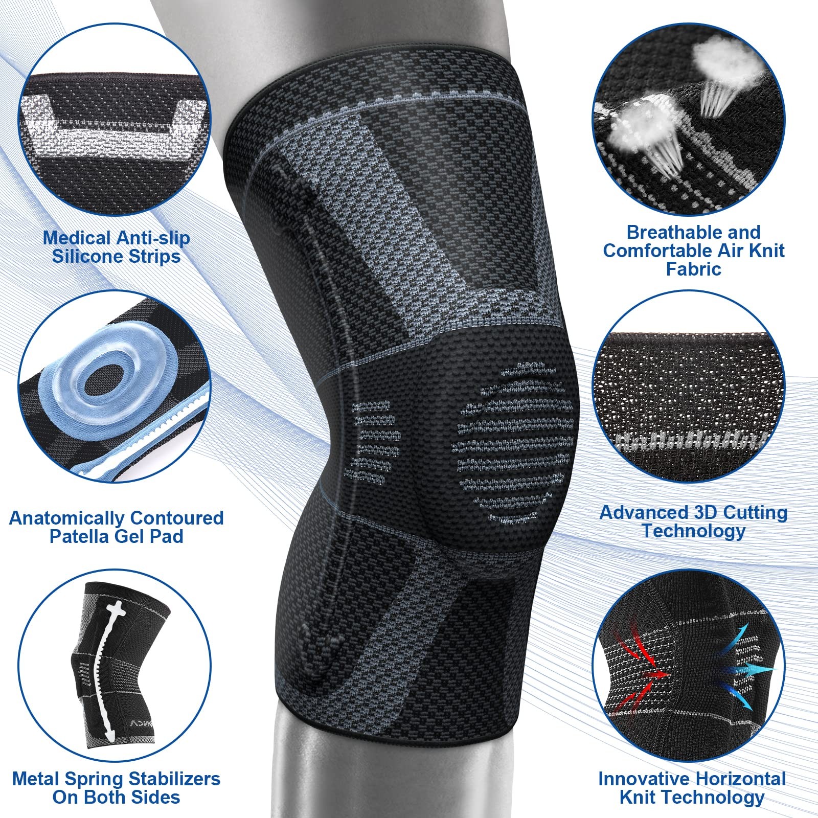 Professional Knee Brace Compression Sleeve Support for ACL Meniscus Arthritis L