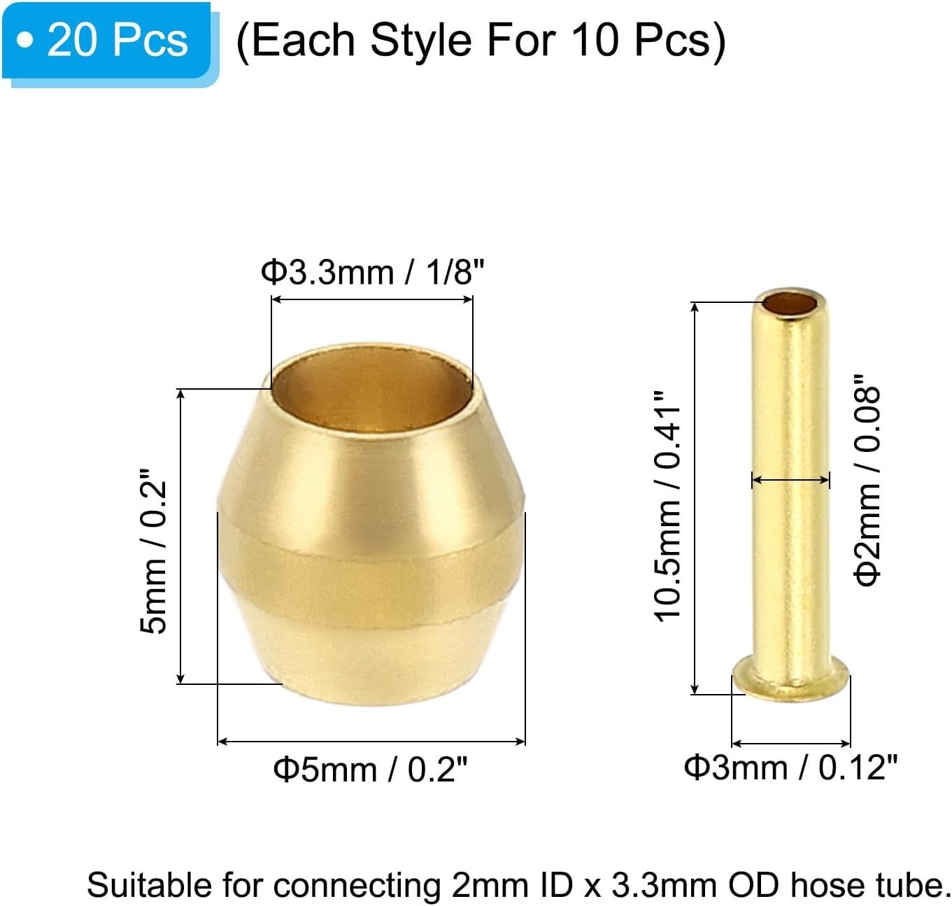 20-Piece Brass Ferrule Set for 1/8 Inch OD Hose Tube – High-Pressure Resistance