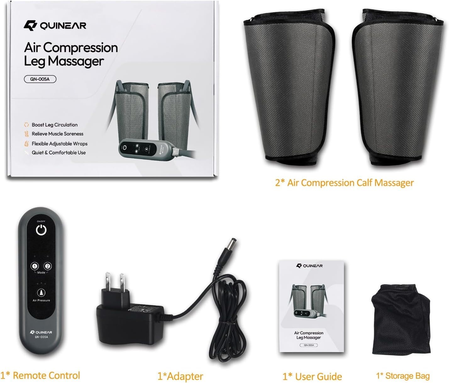 QUINEAR Air Compression Leg Massager for Circulation & Pain Relief, Adjustable