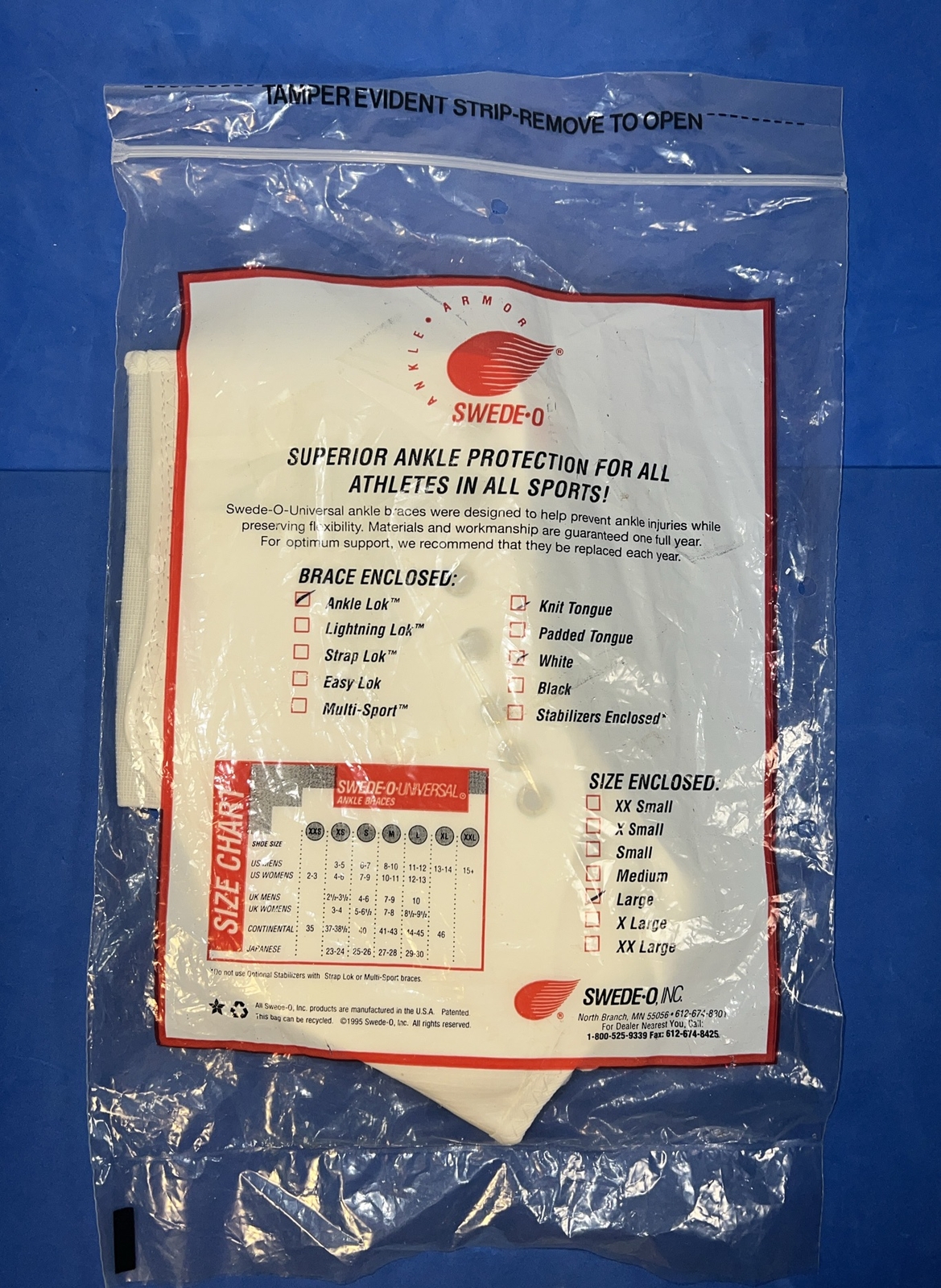 Swede-O Superior Ankle Lok Large (L) White Knit Tongue Brace New Sealed