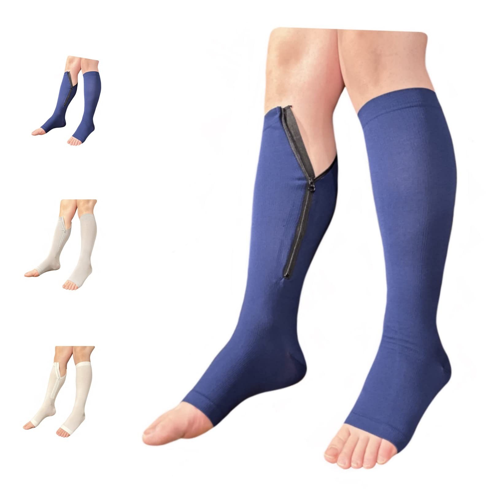 Open Toe 15-20 mmHg Compression Socks Inside Leg Zipper White Navy Gray