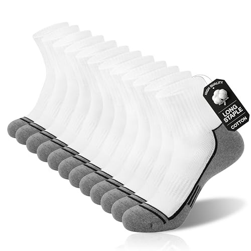 Men Athletic Quarter Running Compression Socks Cotton 10-13 White(6 Pairs)
