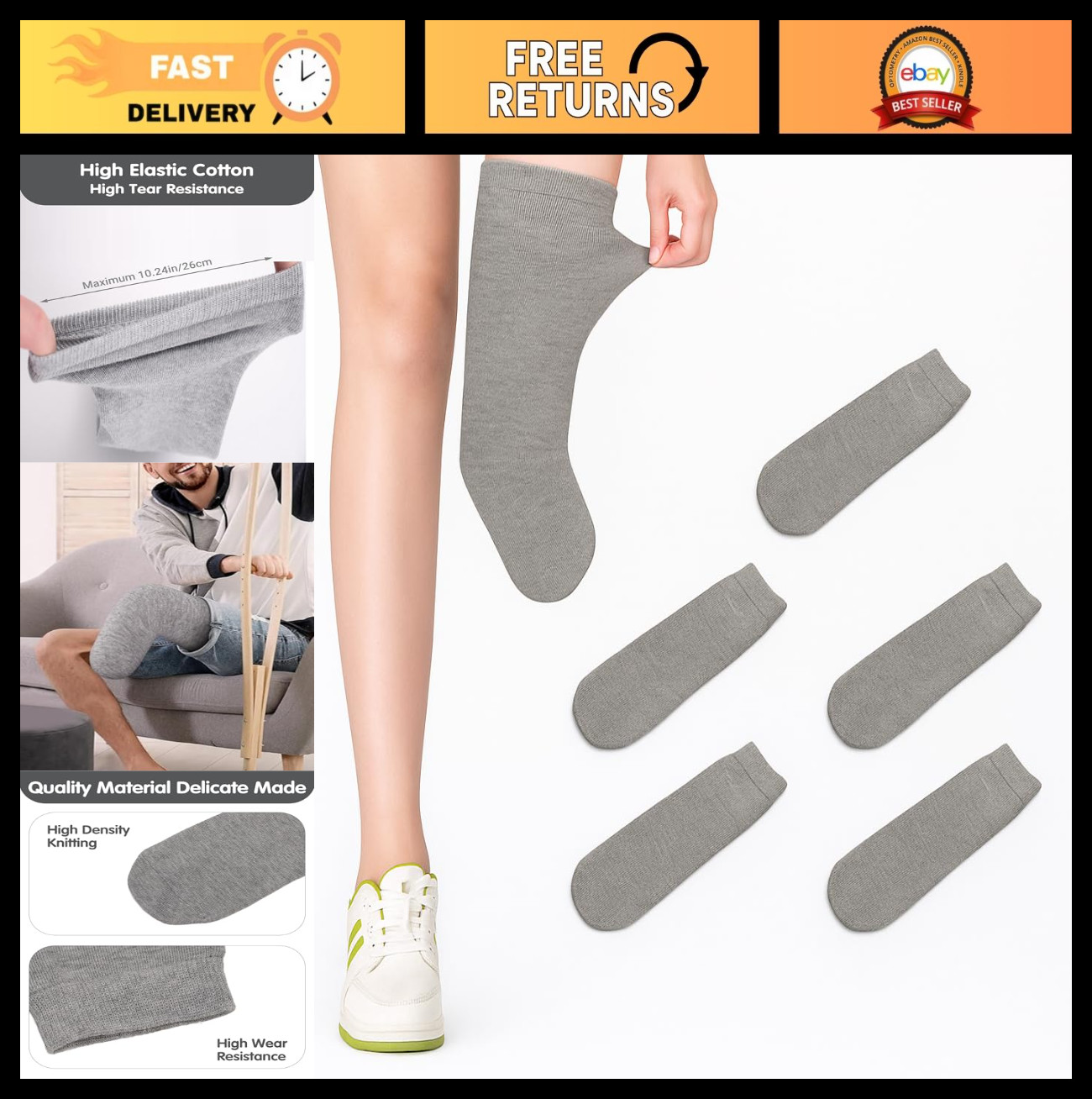Prosthetic Socks for Amputees – 5pcs Soft Breathable Cotton Stump Socks (M)