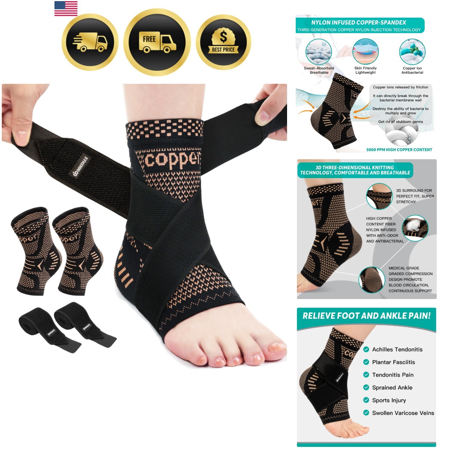 Ankle Brace for Women & Men, Ankle Compression Sleeve Support Copper Infused …