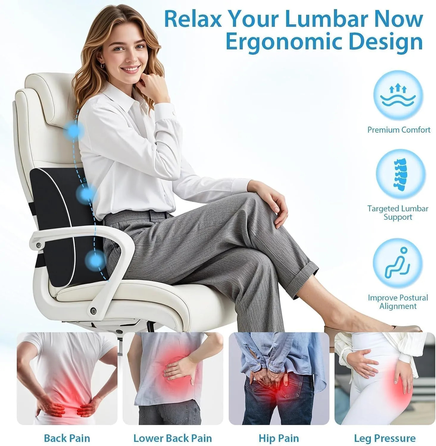Large Lumbar Support Pillow Memory Foam Back Cushion for Office Chair Car Gaming