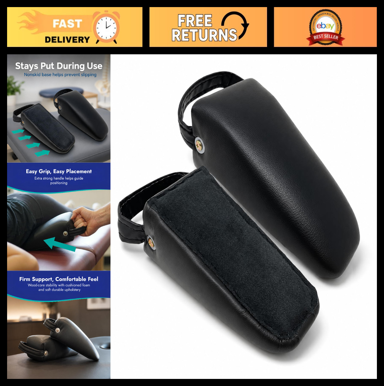 Non-Slip Pelvic Sacral SOT Blocks – Upholstered Black, 1 Pair for Therapy & Supp