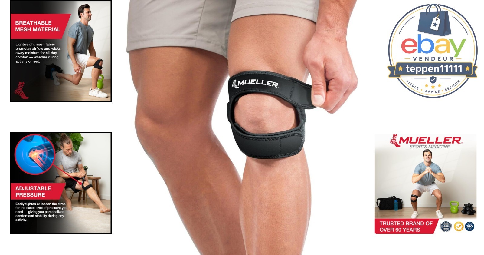 Knee Strap Compression Support Adjustable One Size for Pain Relief Black