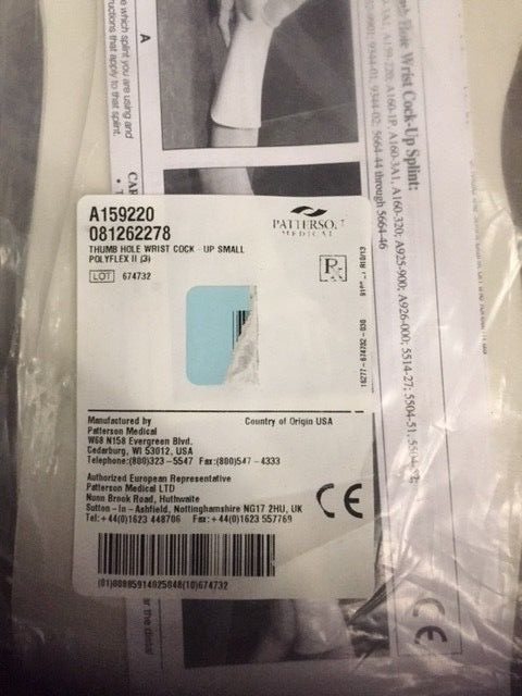 A159220 Patterson / Rolyan Thumb Hole Wrist Cock-Up Splint Polyflex II-Solid NEW