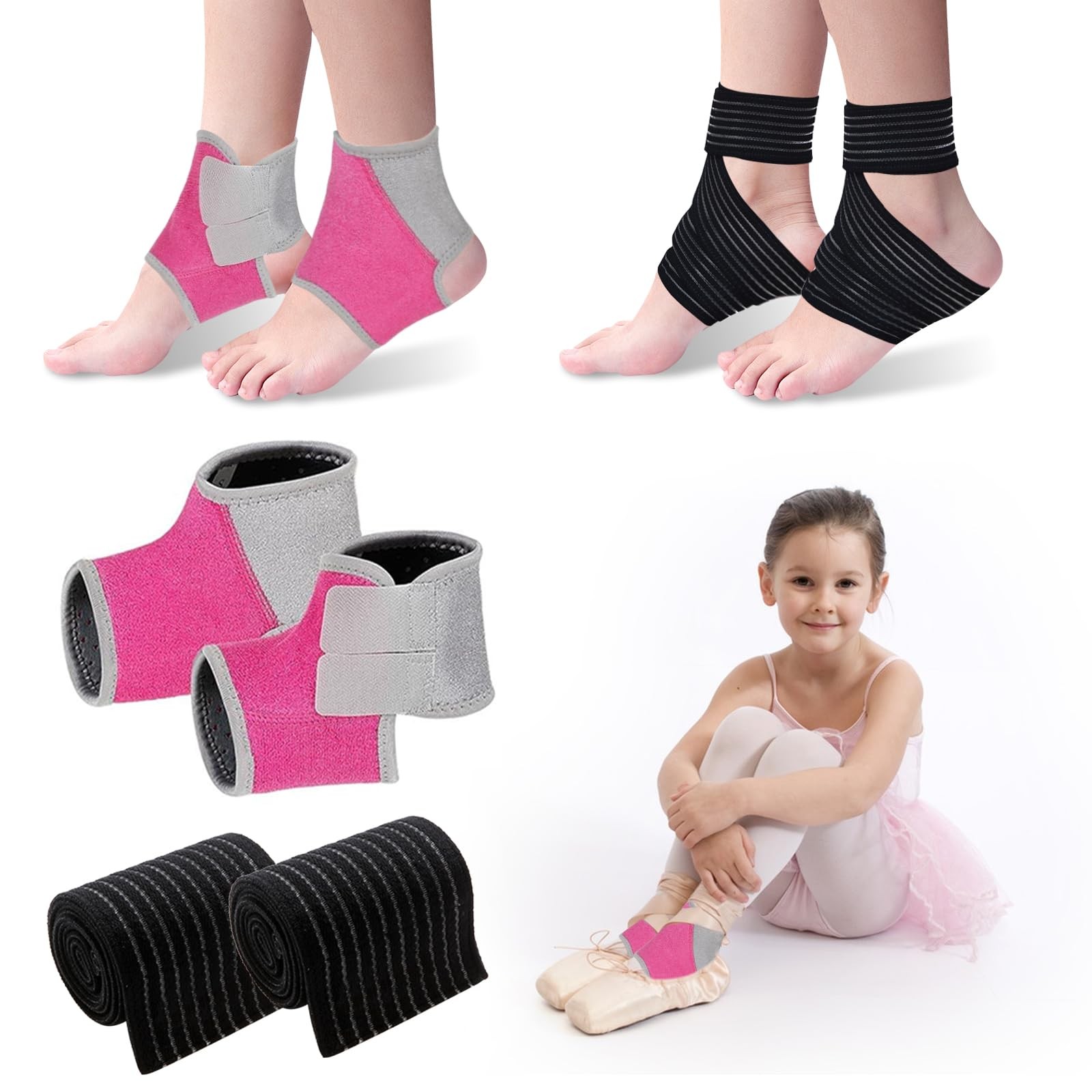 2 Pairs Kids Ankle Brace Wrap Sprain Adjustable Foot Stabilizer Pink Small