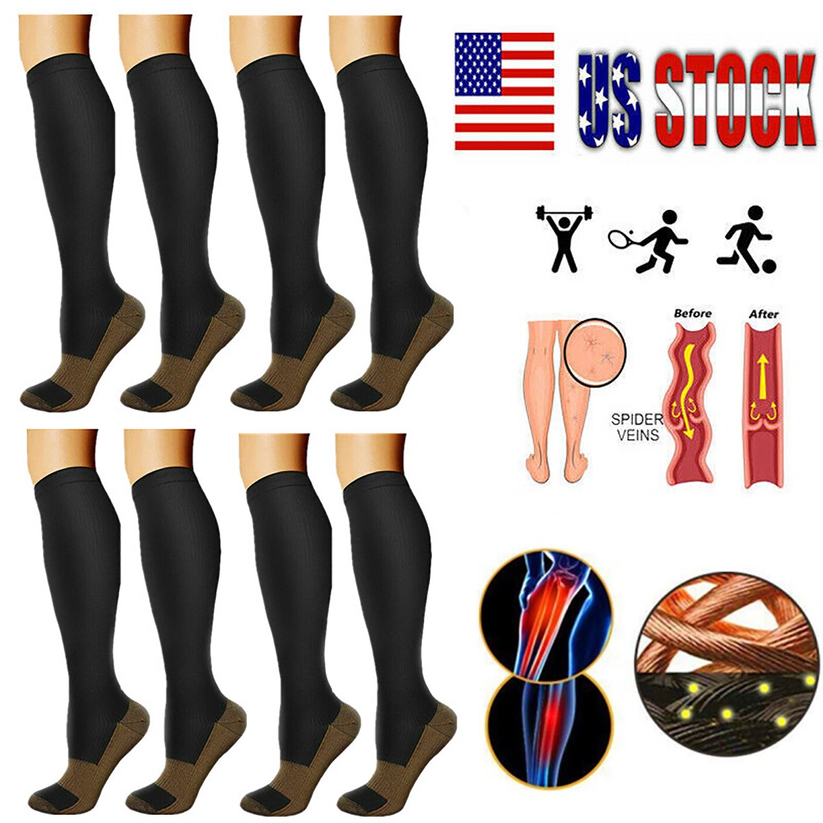 (4 Pairs) Copper Compression Socks 20-30mmHg Graduated Support Men Women S-XXL