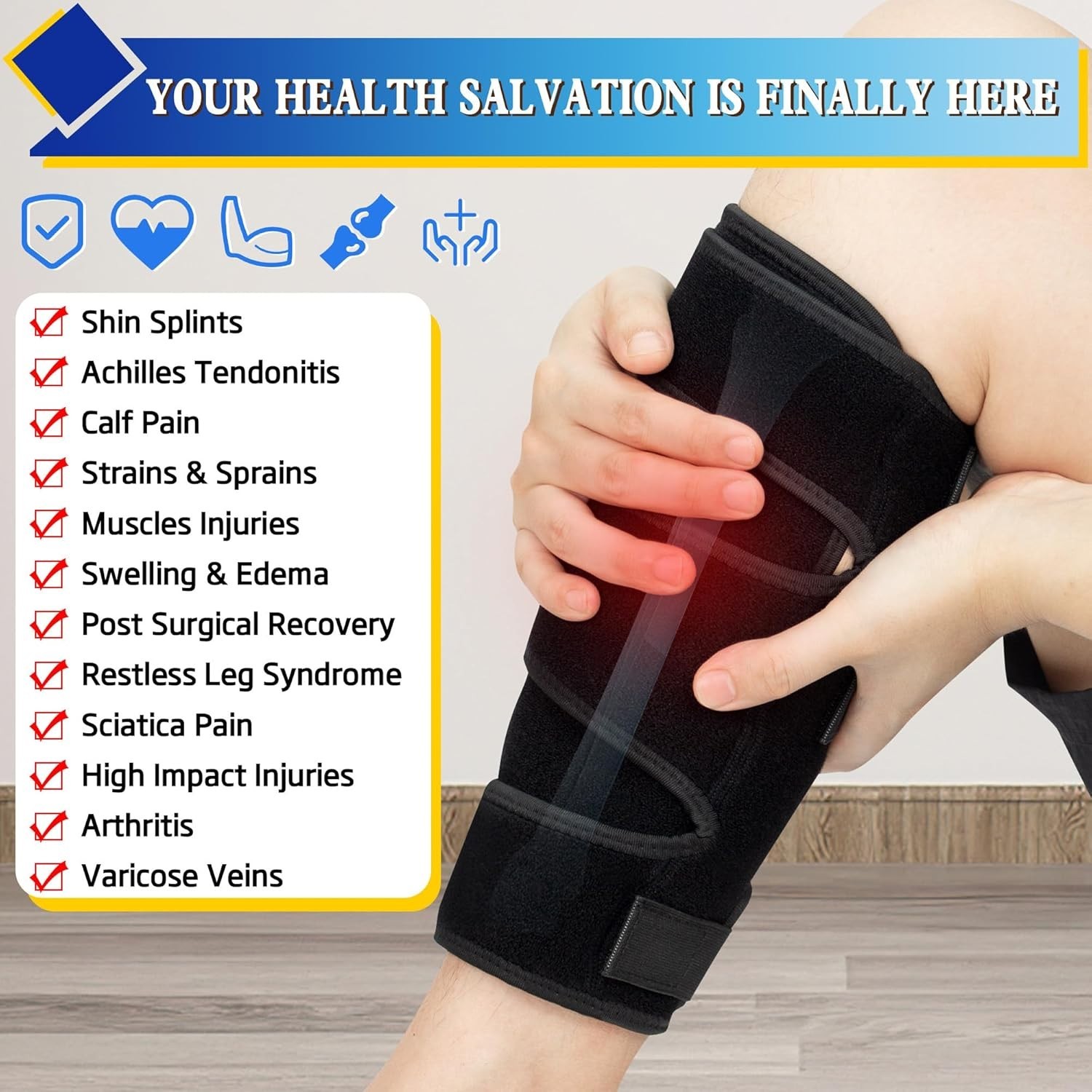 Adjustable Calf Compression Wrap XX-Large Black Lower Leg Support Injury