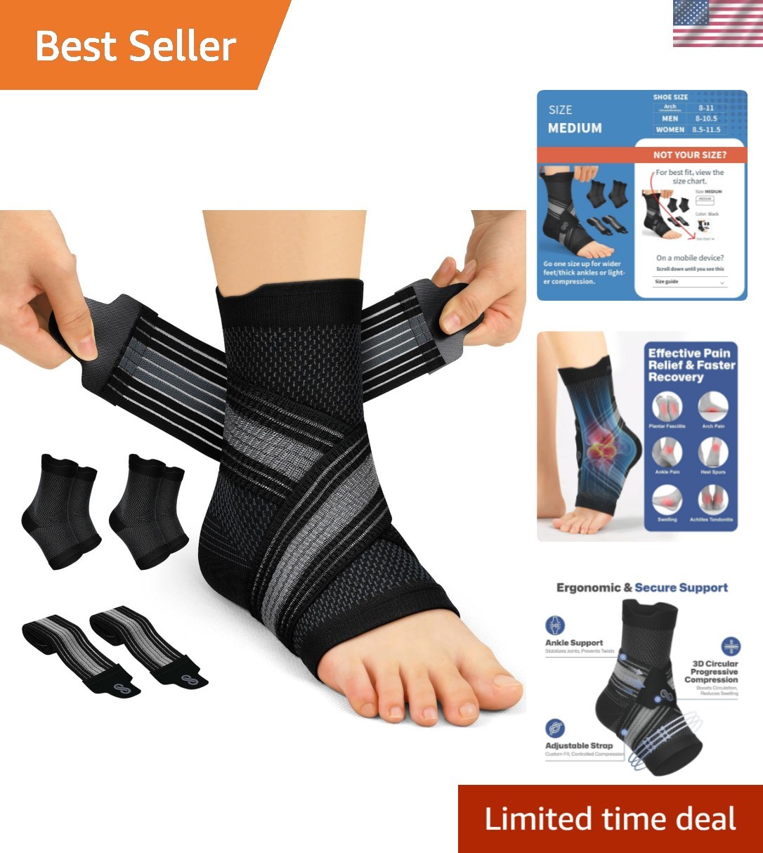 2 Pairs Ankle Brace for Men & Women Plantar Fasciitis Relief- Adjustable Ankl…