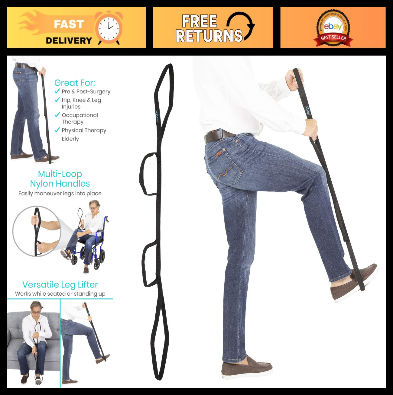 Multi-Loop Leg Lifter Strap 41″ – Easy Mobility Aid for Bed, Couch, Car, Wheelch
