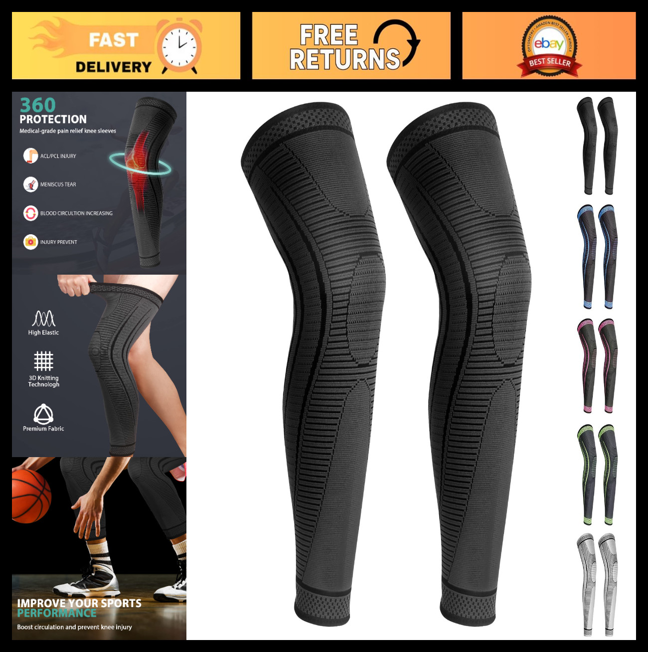 2 Pack Full Leg Compression Sleeves – Knee Brace Support for ACL, PCL, Arthritis