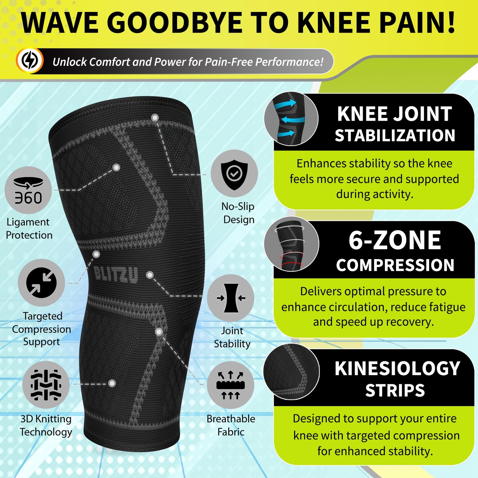 Compression Knee Sleeve 1 Pair – Knee Braces for Knee Pain for Men and Women, L