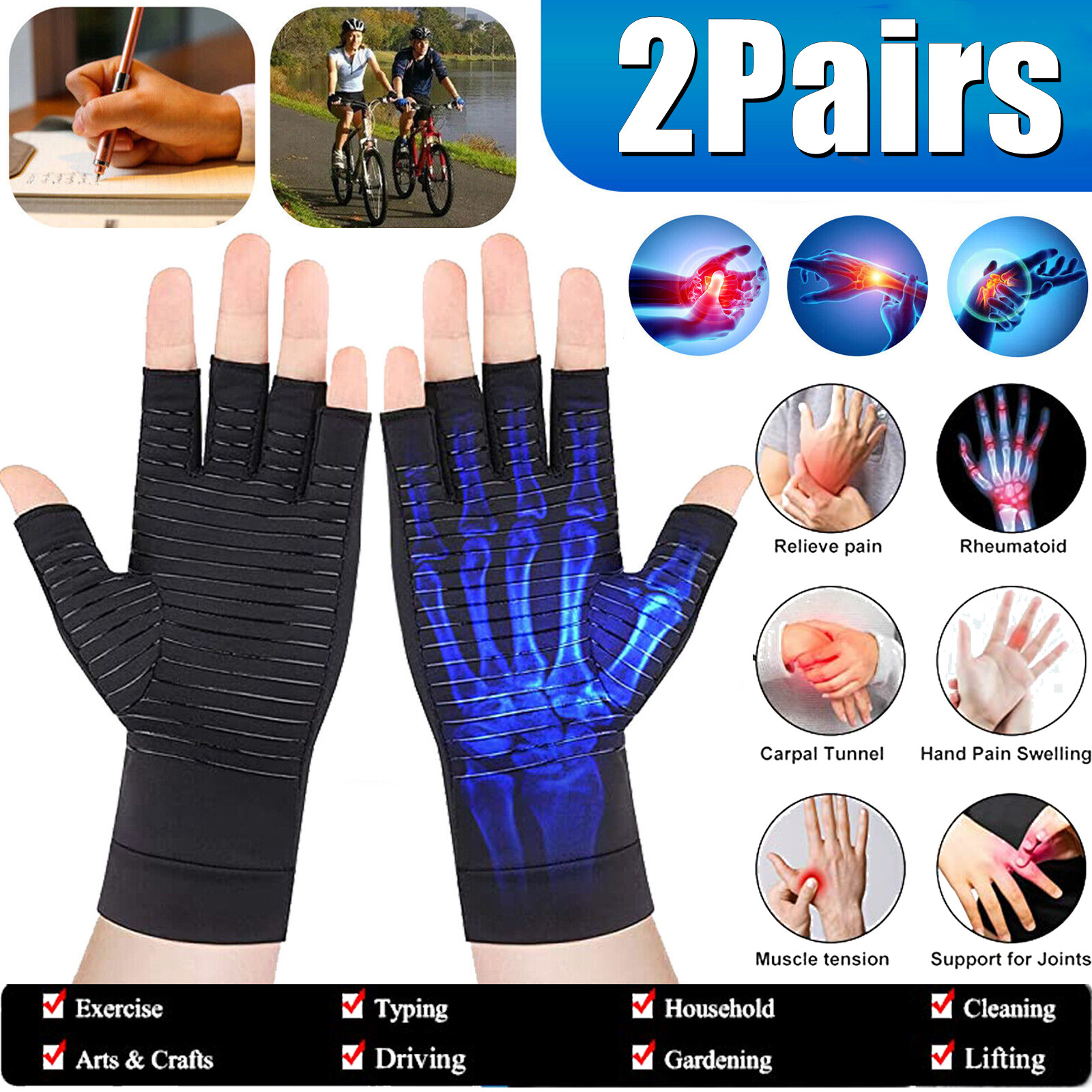 2 Pairs Fingerless Copper Compression Arthritis Gloves Carpal Joint Pain Relief