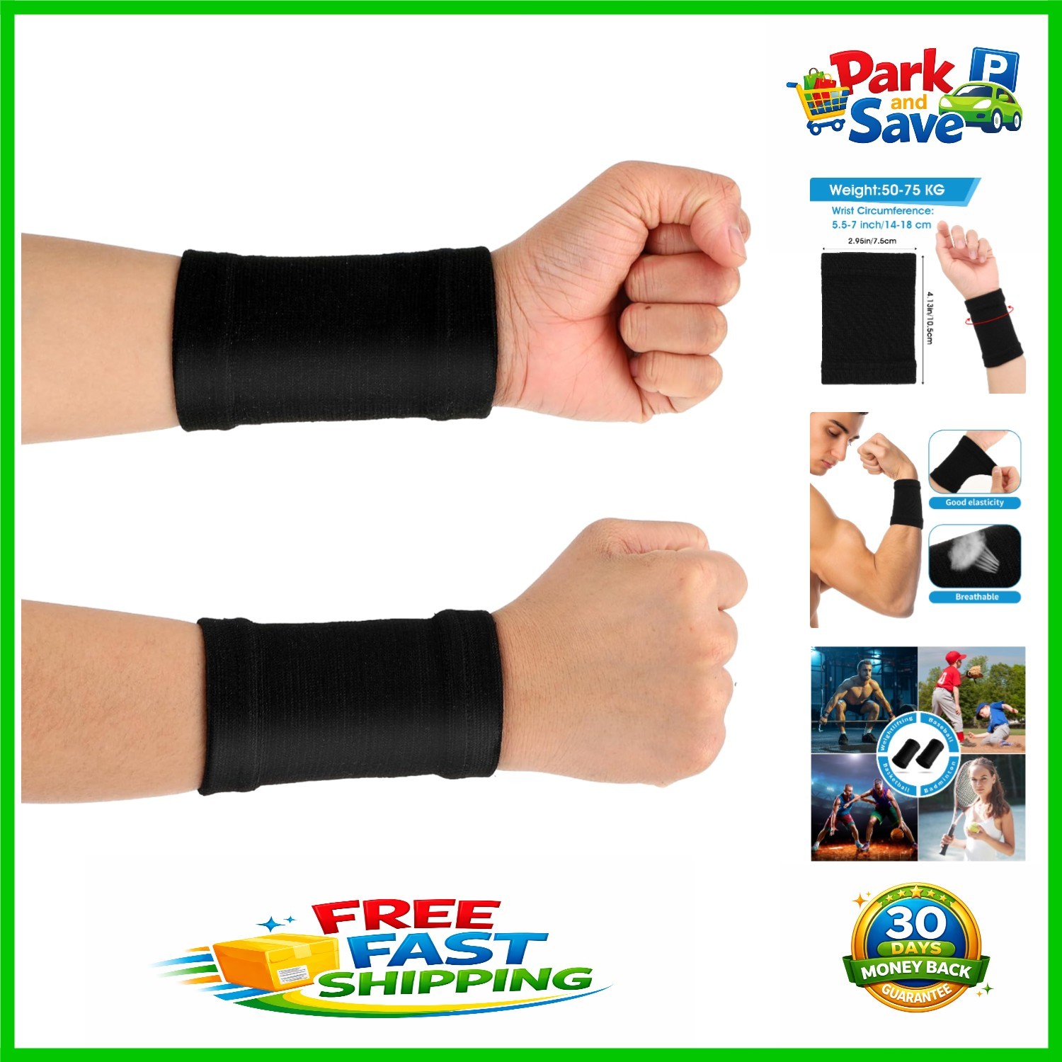 2 Pairs Black Wrist Compression Sleeves for Pain Relief – One Size Fits All