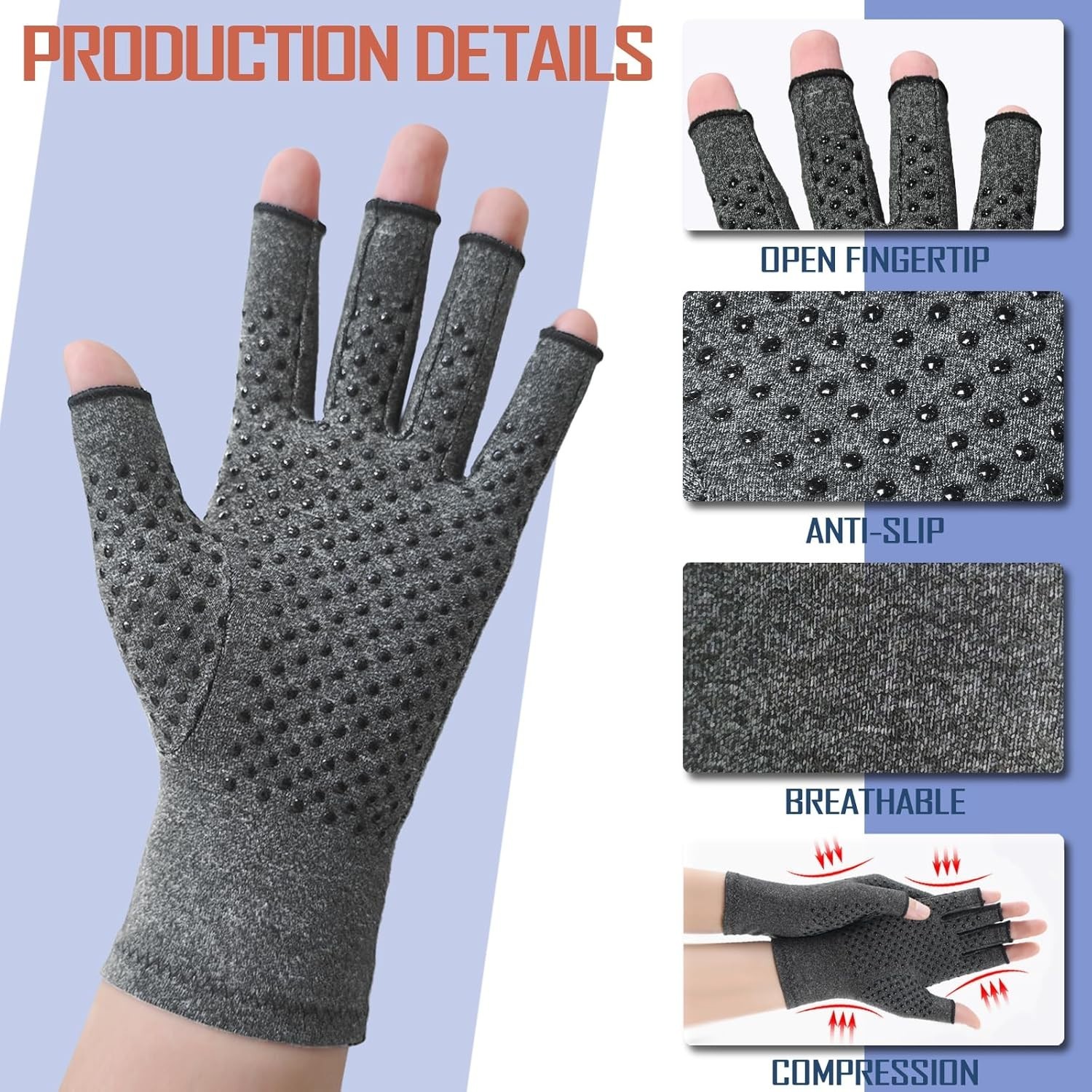 6 Pairs Arthritis Compression Gloves Fingerless Stretch Breathable – Size Medium