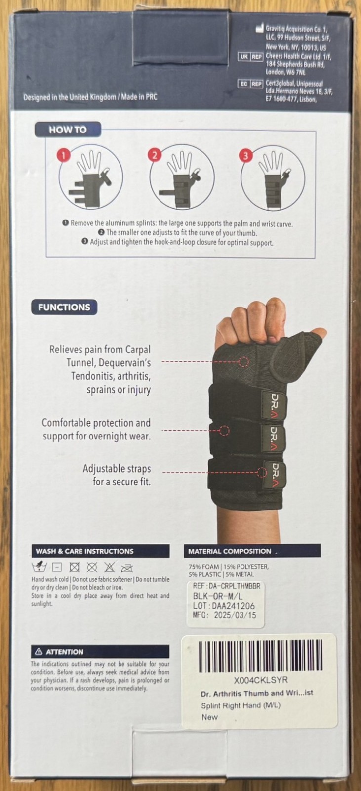 Dr. Arthritis ~ Thumb & Wrist Support Brace & Handbook ~ Size M/L Right Hand New