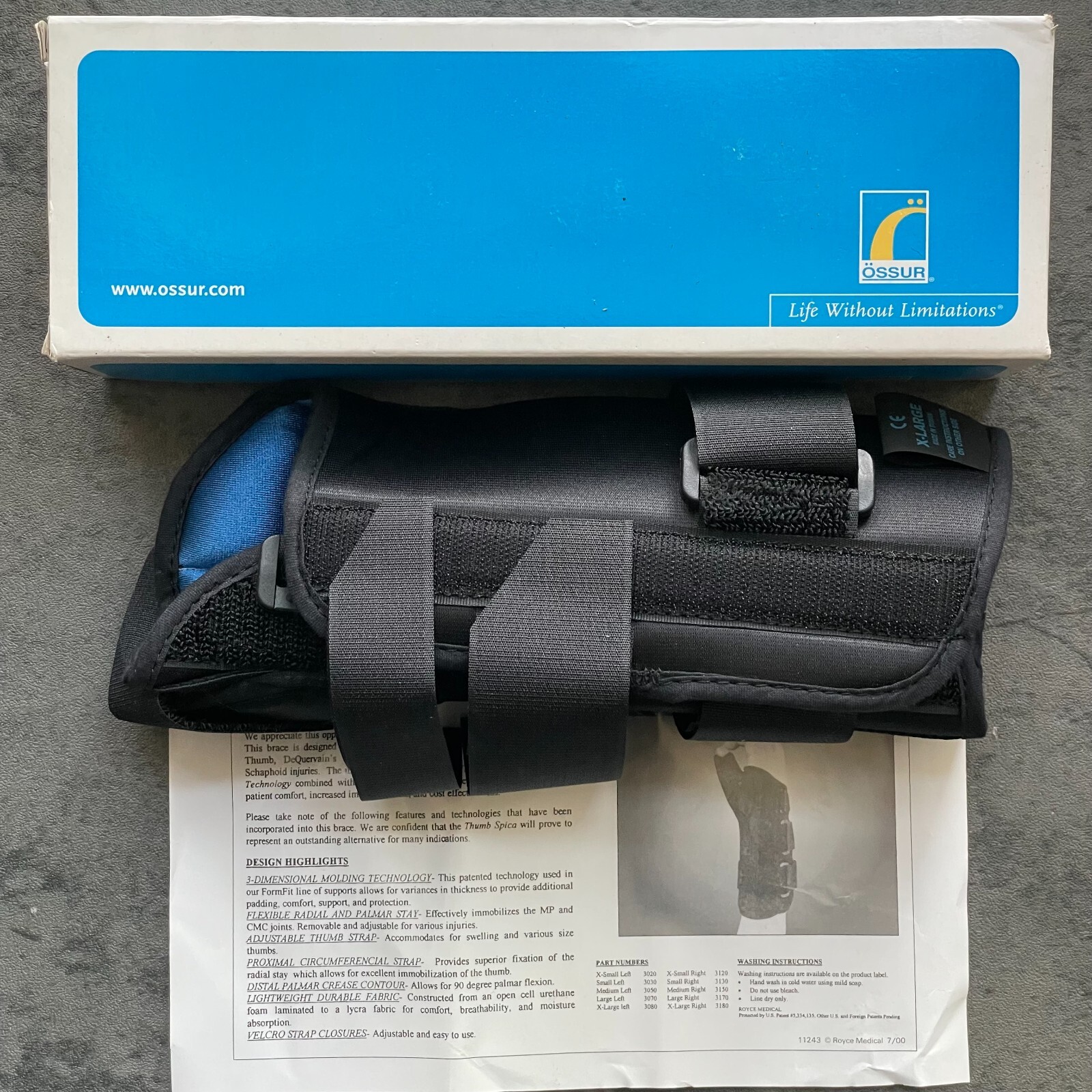 Össur Formfit 3180 Thumb Spica 8″ w/Rigid Splint Right Hand X-Large Black NIB