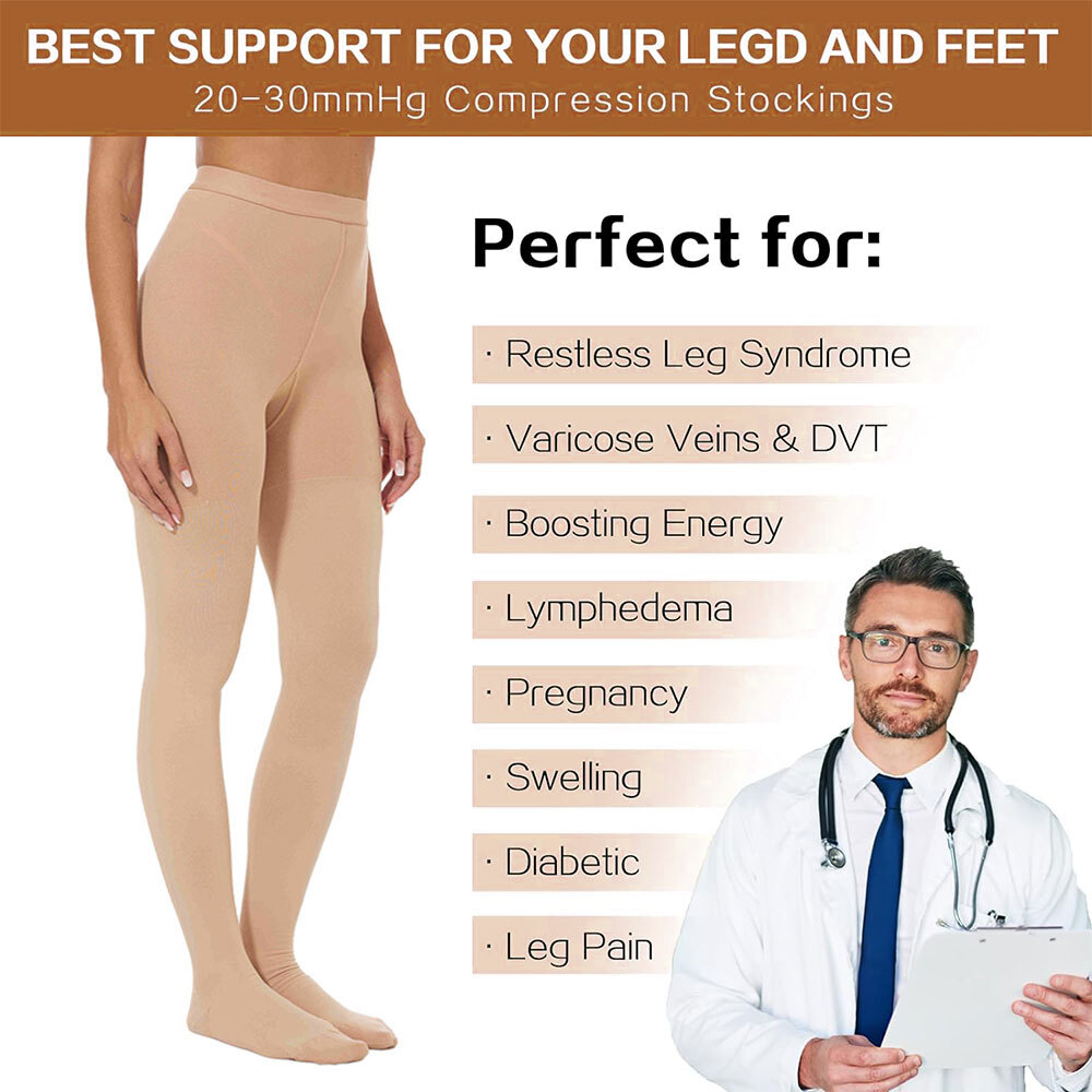 Graduated Compression Full Support Pantyhose 23-32 mmHg Medical Stockings Black