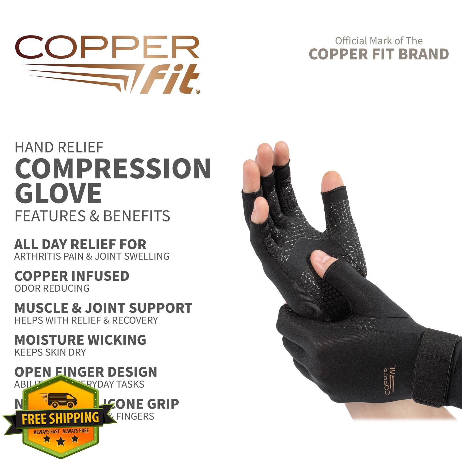 Copper Fit Hand Relief Compression Gloves Black Large-XLarge