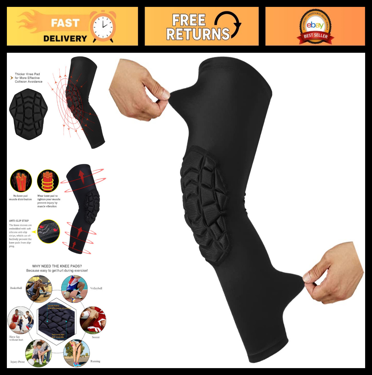 Compression Knee Pads Sleeve for Sports – Wrestling Protector Gear, 1 Pair