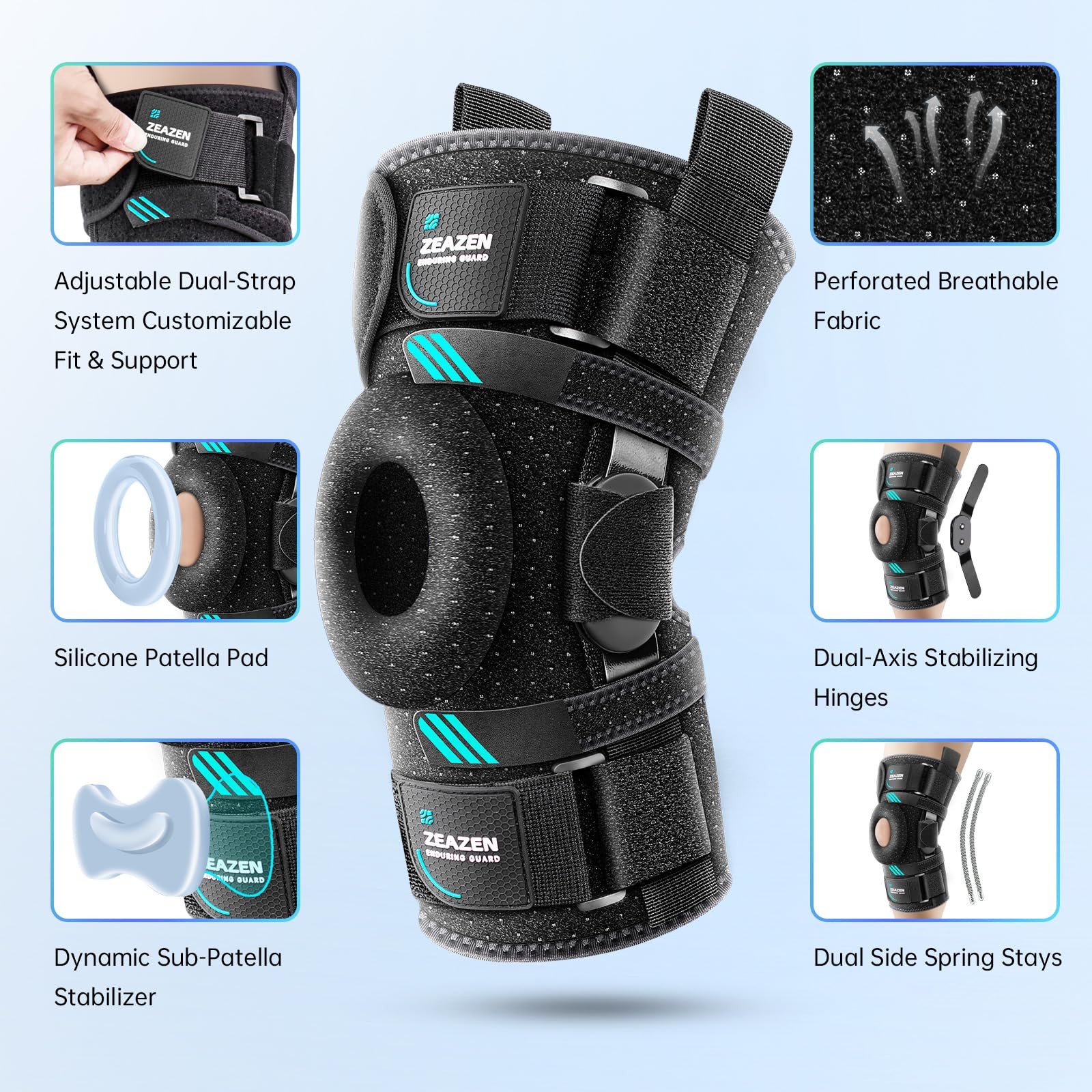 ZEAZEN Hinged Knee Brace with Dual Hinges & Patella Compression Large, Black