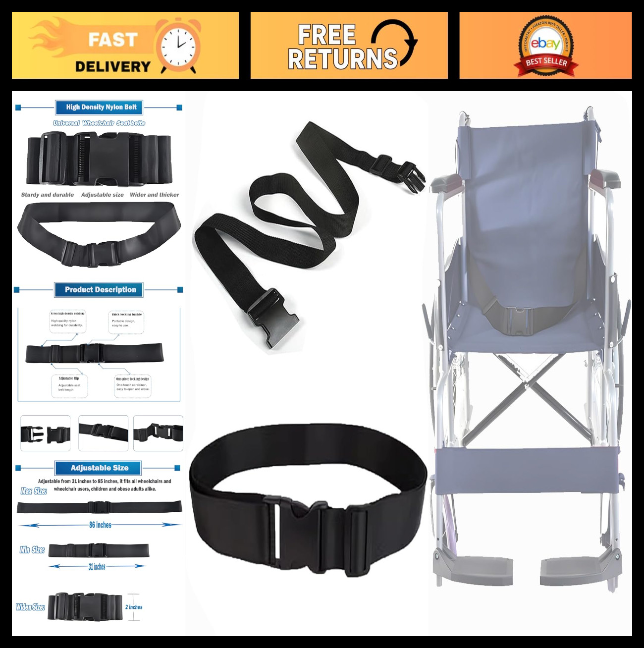 Adjustable Wheelchair Safety Strap Seat Belt 31-86″ – Anti-Slip, Extra Wide 2″ F