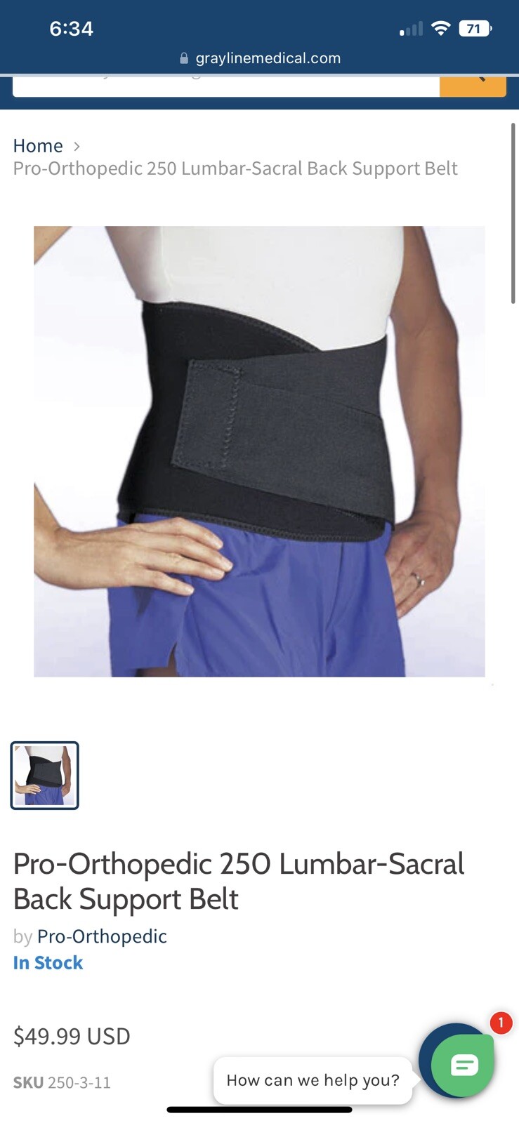 Lumbar-Sacral Back Support, Pro-orthopedic devices , 250-3-11 Large Black