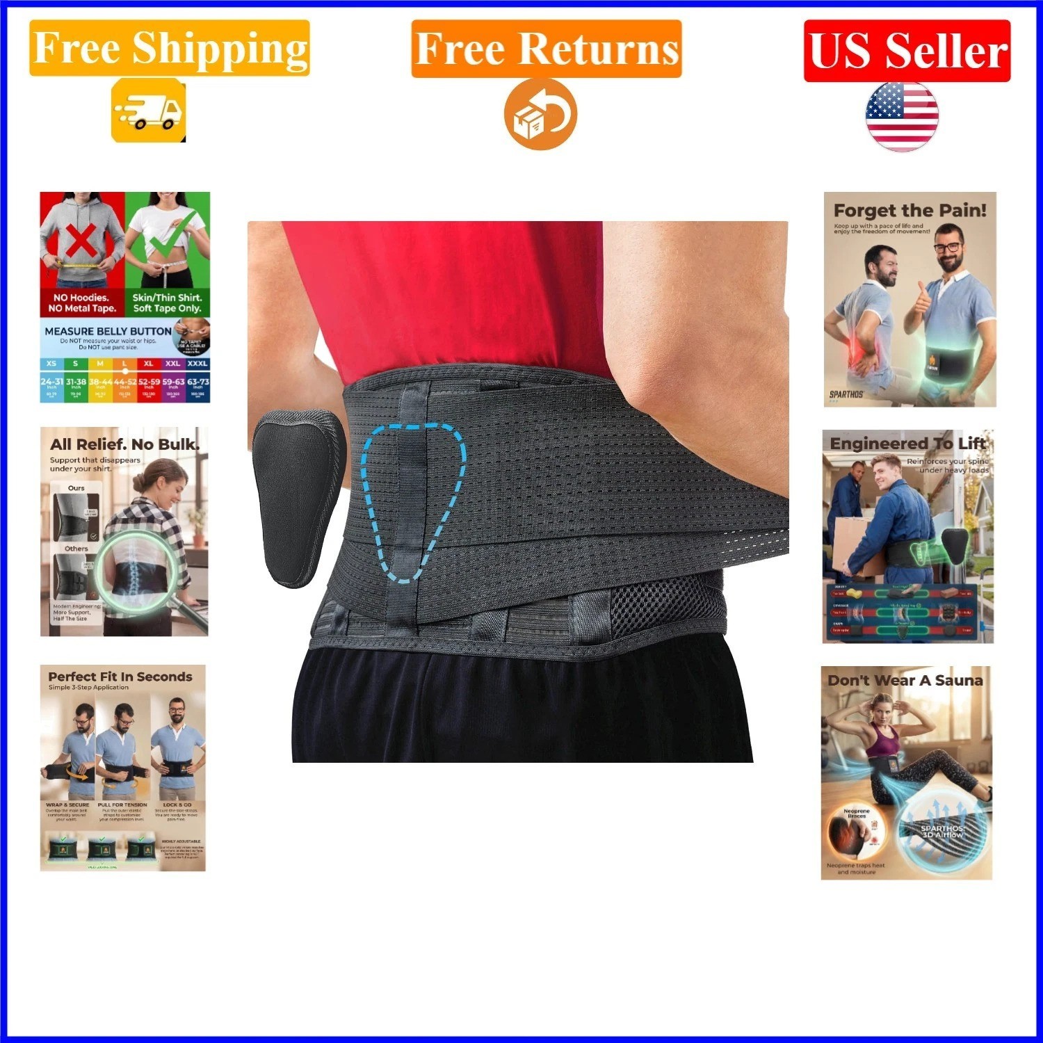 Black Adjustable Lumbar Support Back Brace, Large (44-52″ Waist)