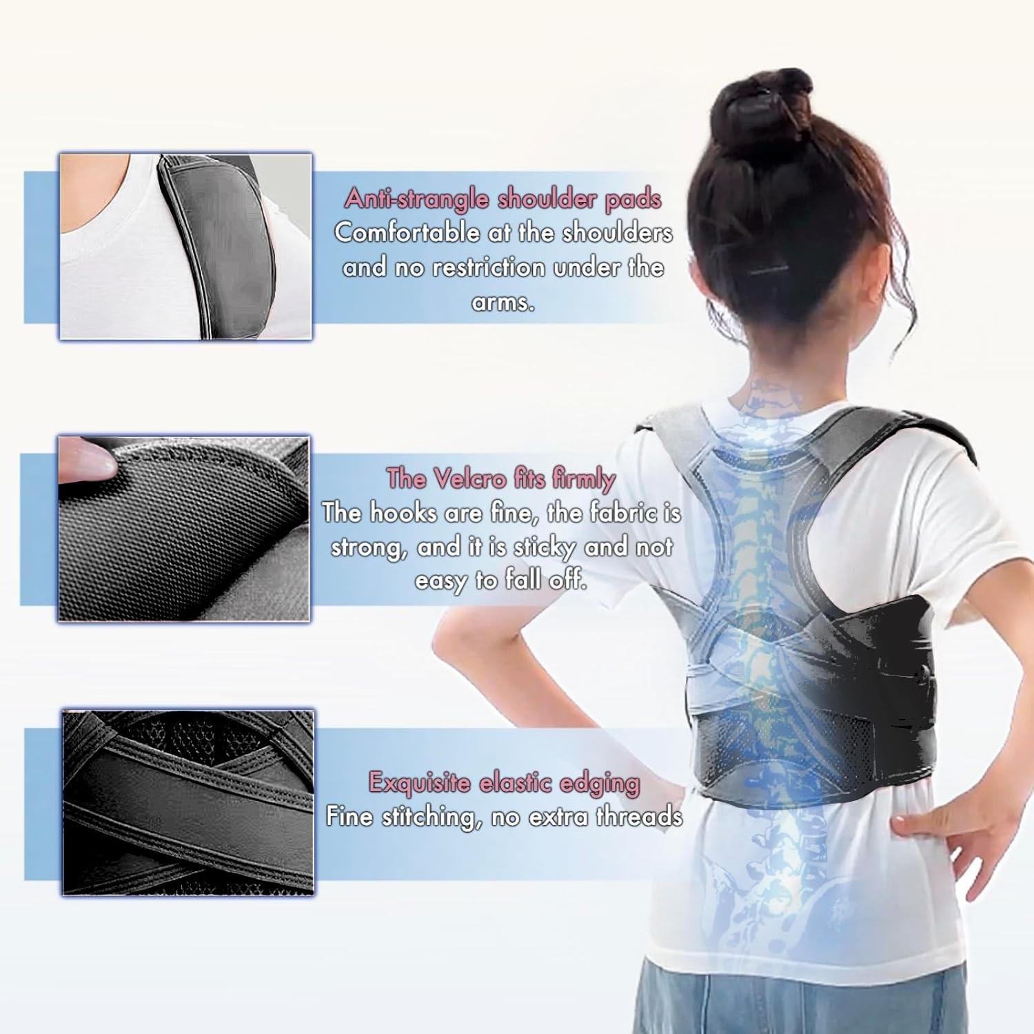 Black Kids Back Brace Medium Adjustable Support Belt for Growing Teens and Youth