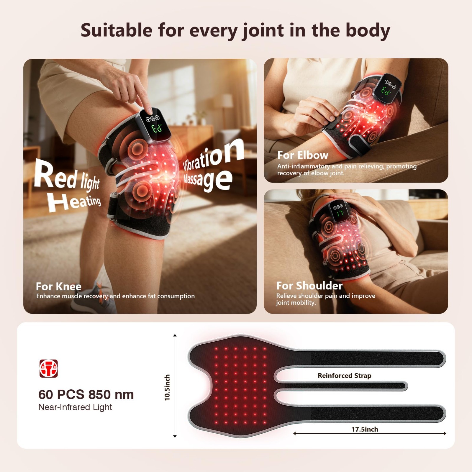 3-in-1 Red Light Therapy Knee Brace, 240 LEDs, Infrared Heat & Vibration Massage
