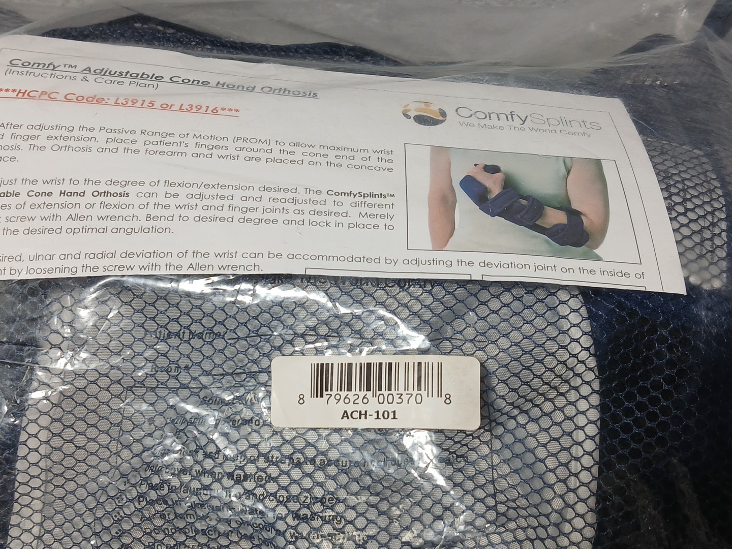 ComfySplints™ Adjustable Cone Hand HCPC Code: L3915 or L3916 Blue with mesh bag