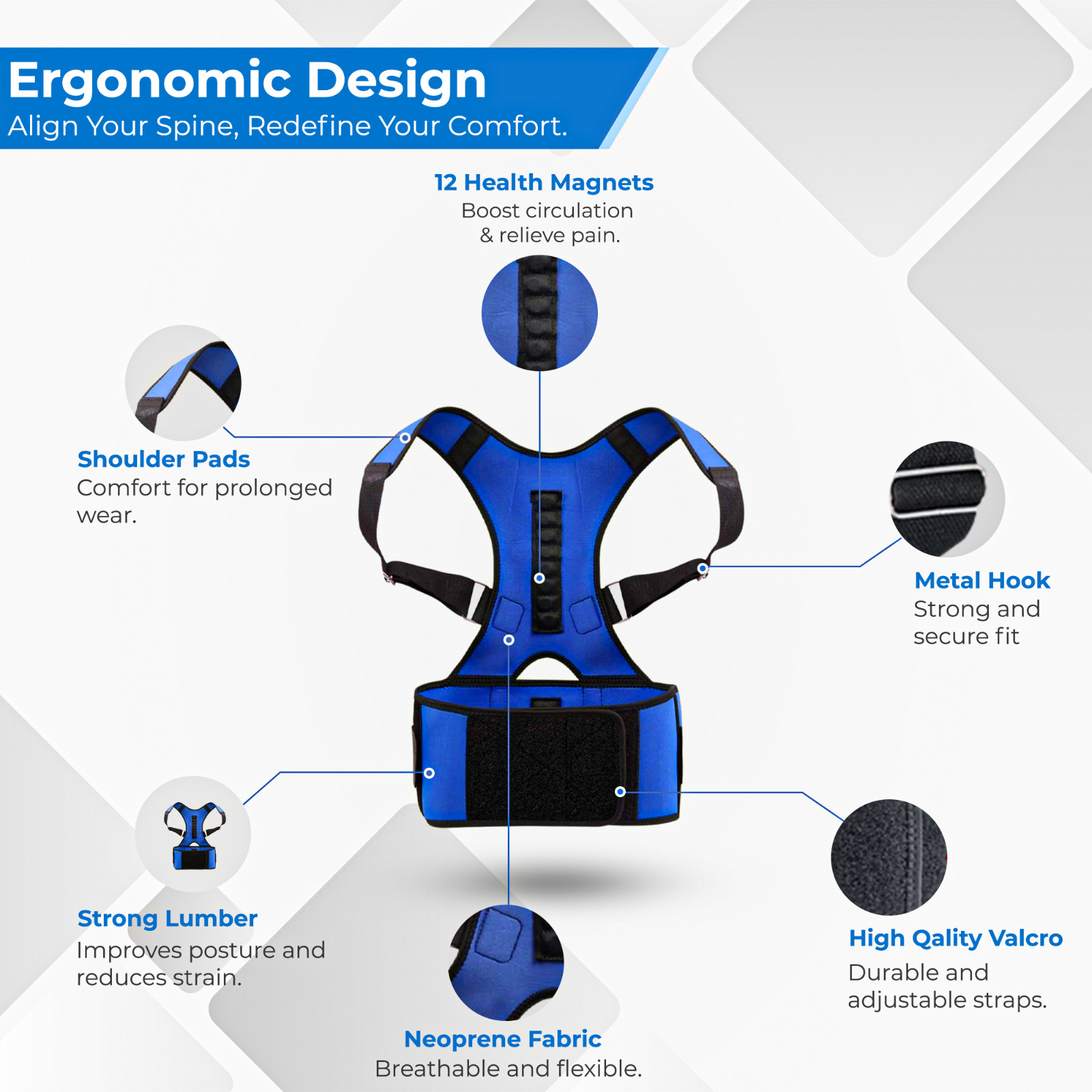 NEOPRENE MAGNETIC POSTURE CORRECTOR BAD BACK LUMBAR SHOULDER SUPPORT BELT BRACE