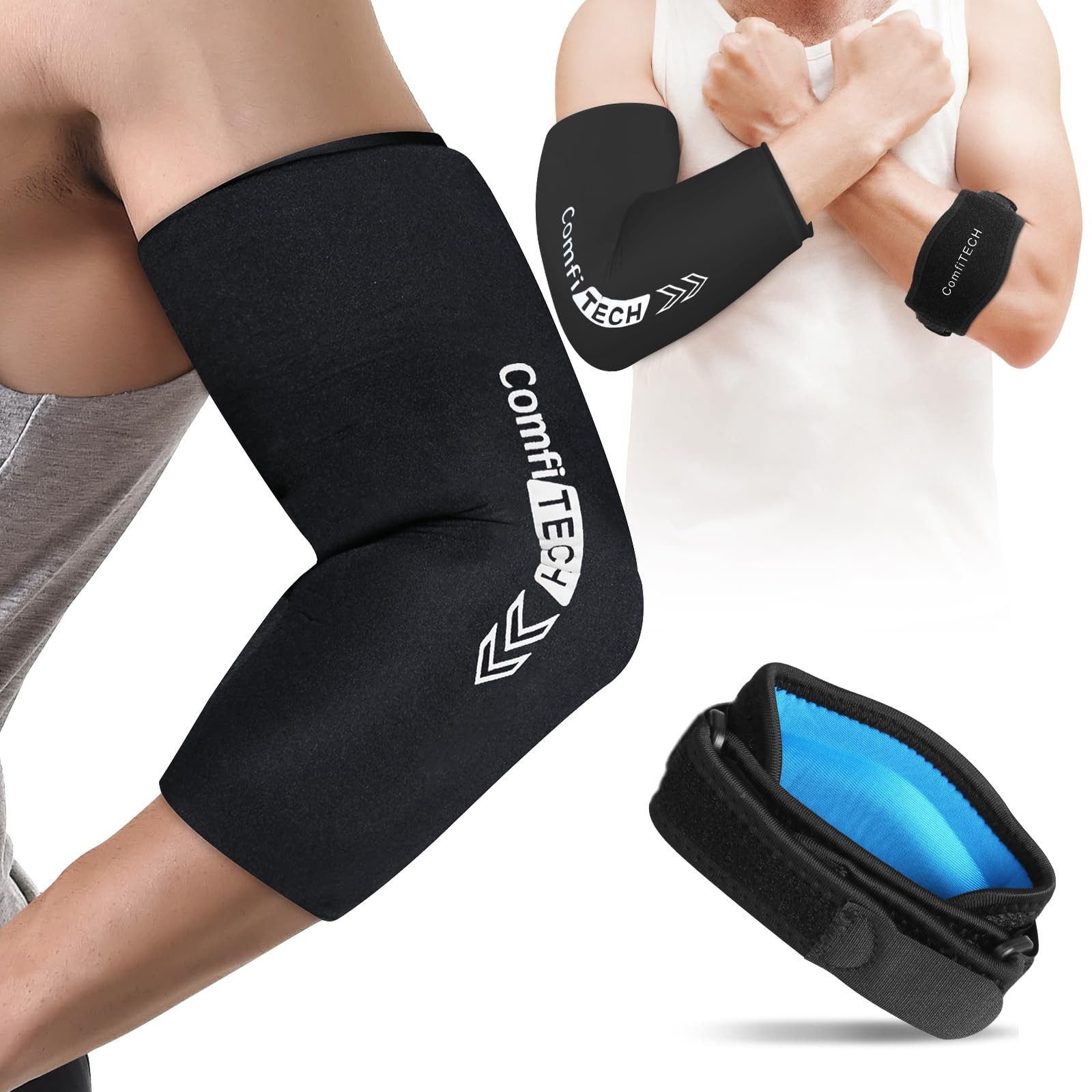 Tennis Golfers Elbow Brace Strap & Ice Pack Wrap Combo for Men and , Cold Sle…