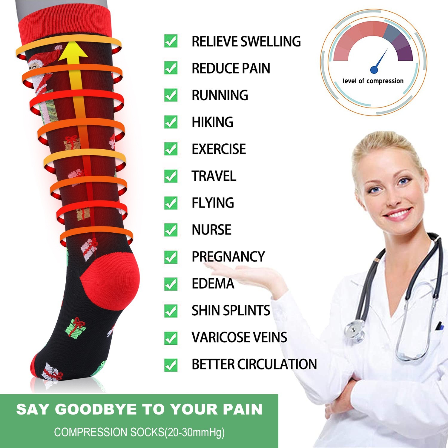 3-Pack Christmas Compression Stockings 20-30mmHg | Travel, Work, Sports Support
