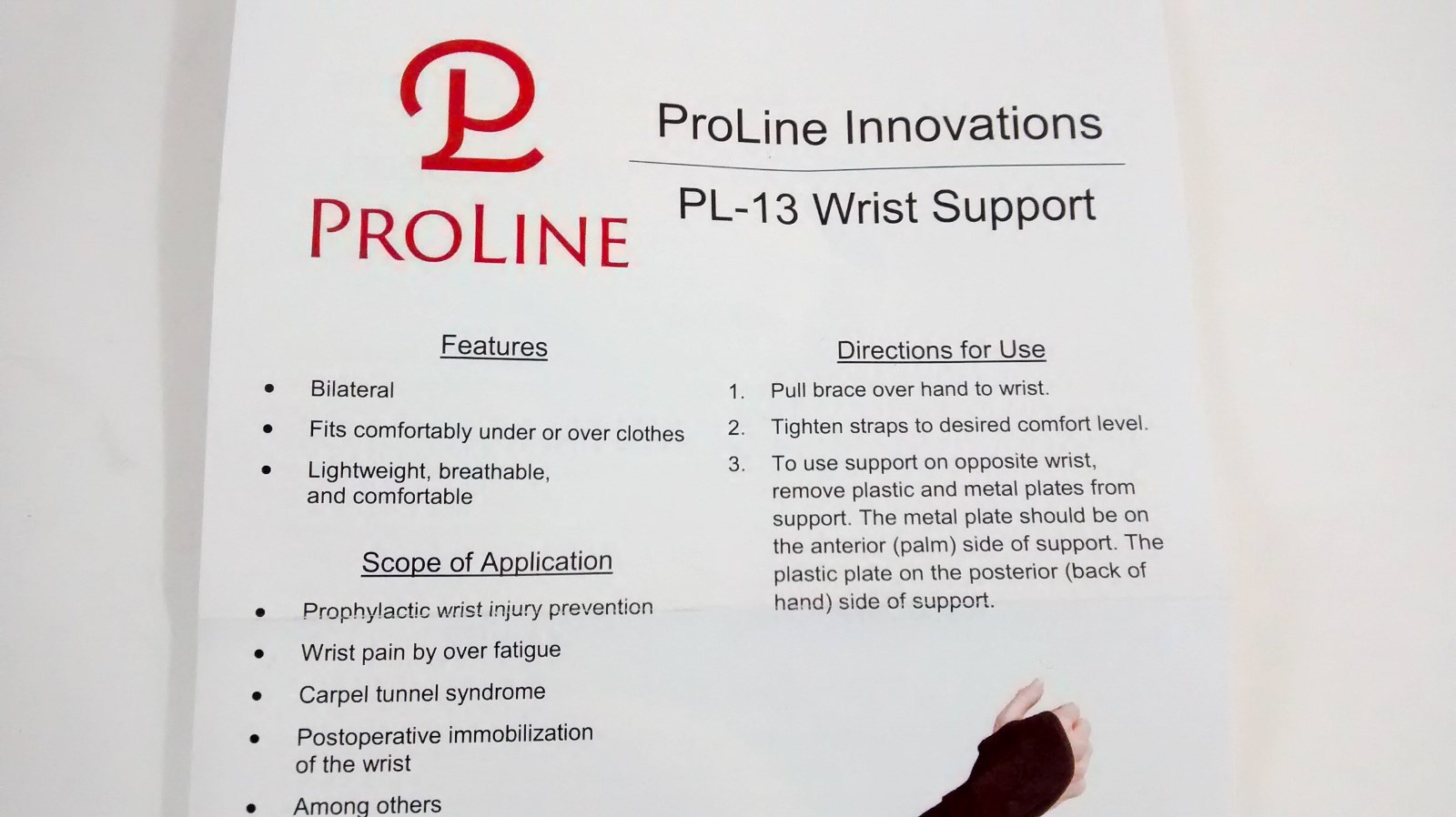 Proline Innovations PL-13 Wrist Support Black Large for Wrist 9″ and above NEW
