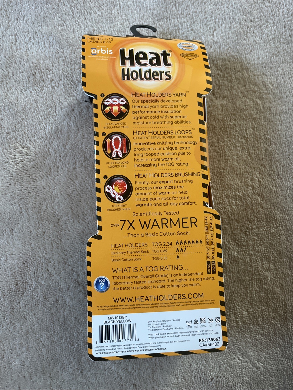 Heat Holders Worxx Socks Men’s size 7-12 Reinforced Heel & Toe Black/Yellow New