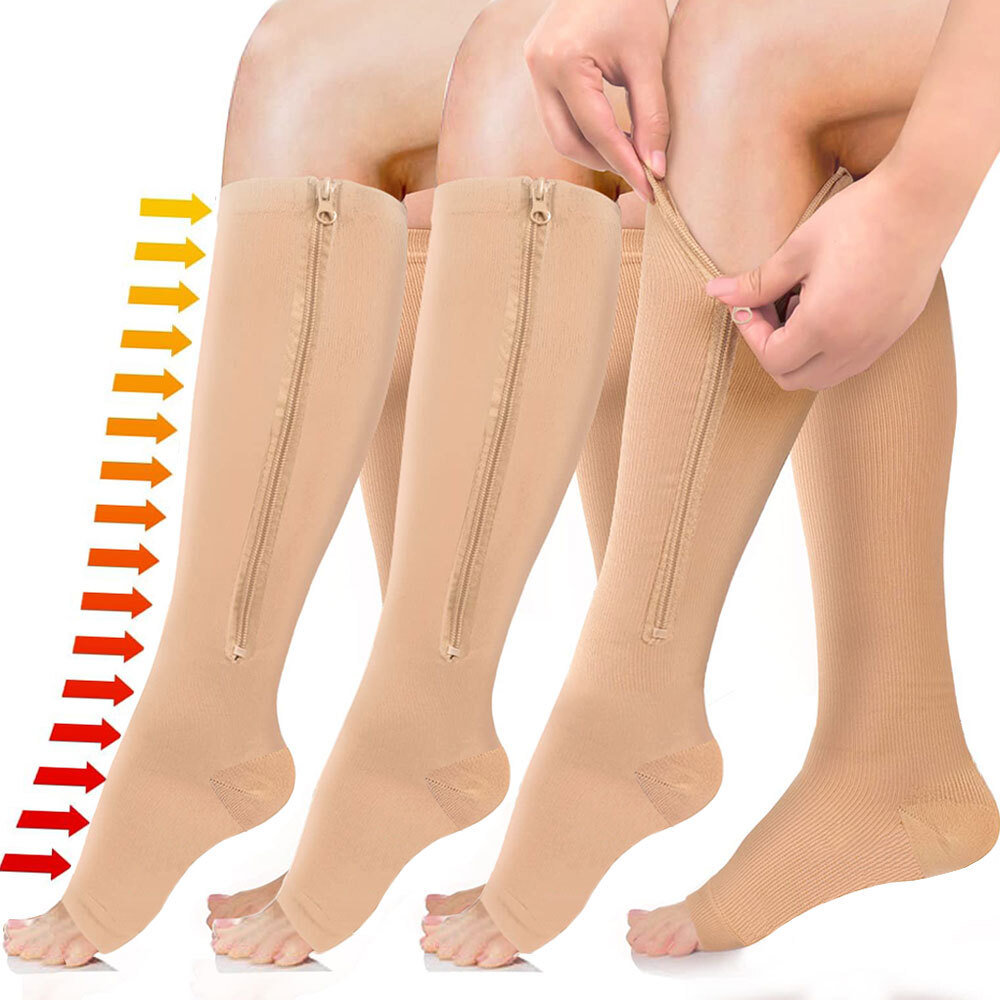 Zip-Up Compression Socks 20-30 mmHg Leg Calf Support Knee-High Stockings Unisex