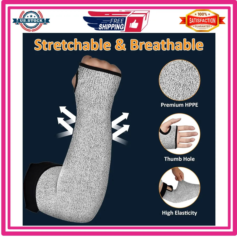 1 Pair Cut Resistant Arm Sleeves with Thumb Hole for Gardening Welding Grey