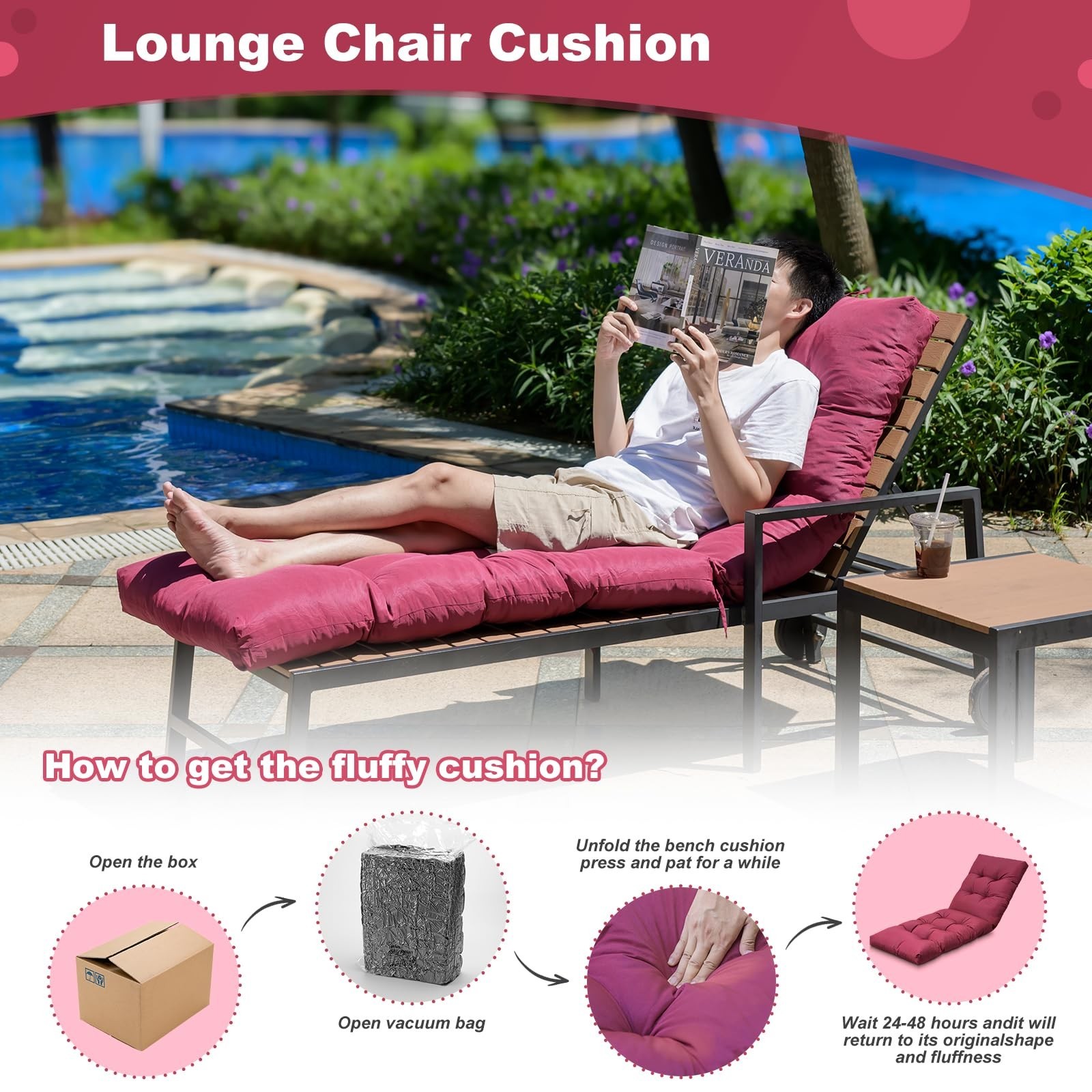 Outdoor Lounge Chair Cushions, 74.4 x 22 x 4.7 Inches Waterproof Fade Resista…