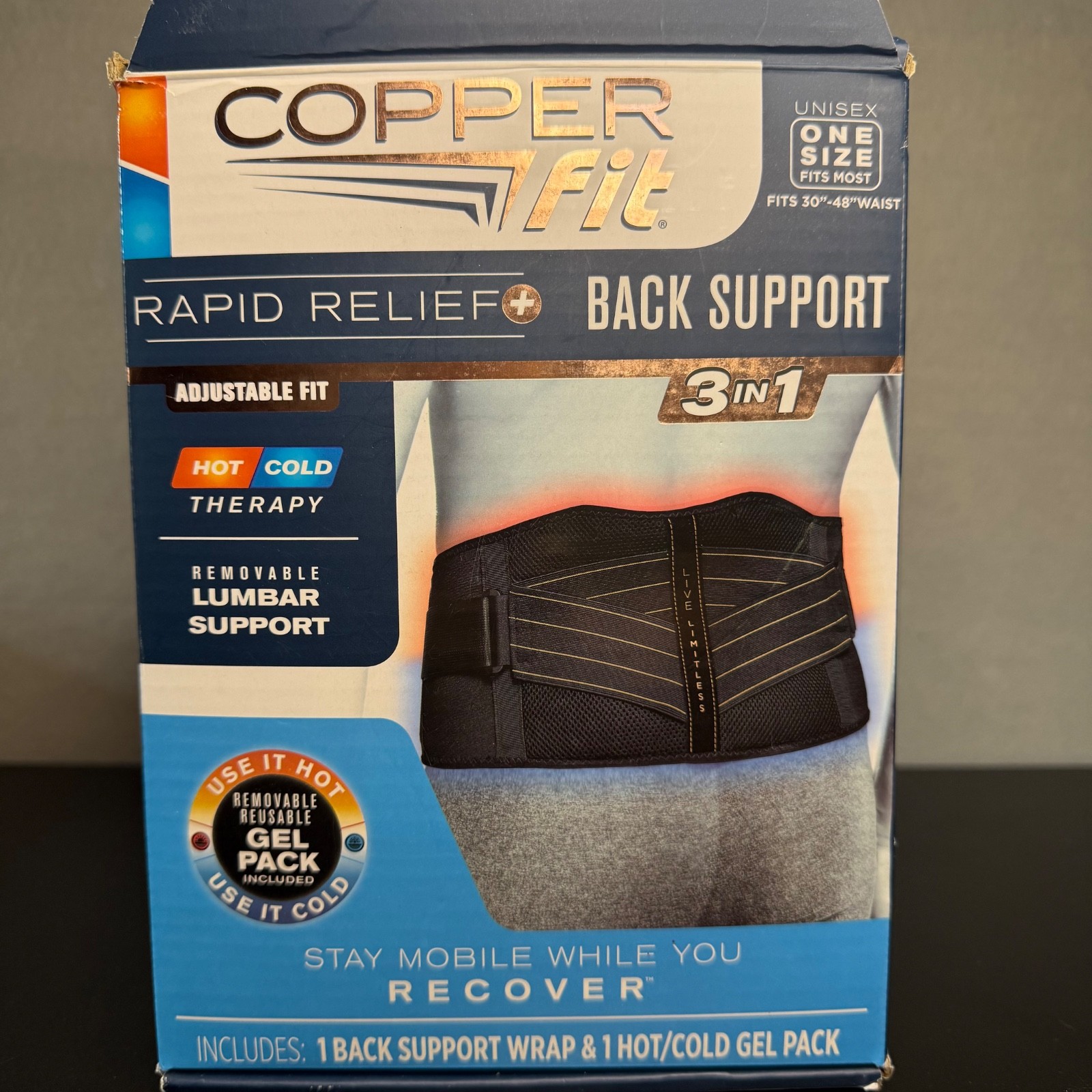 Copper Fit Rapid Relief Back Support Wrap Hot Cold Therapy Lumbar Support Gel Pa