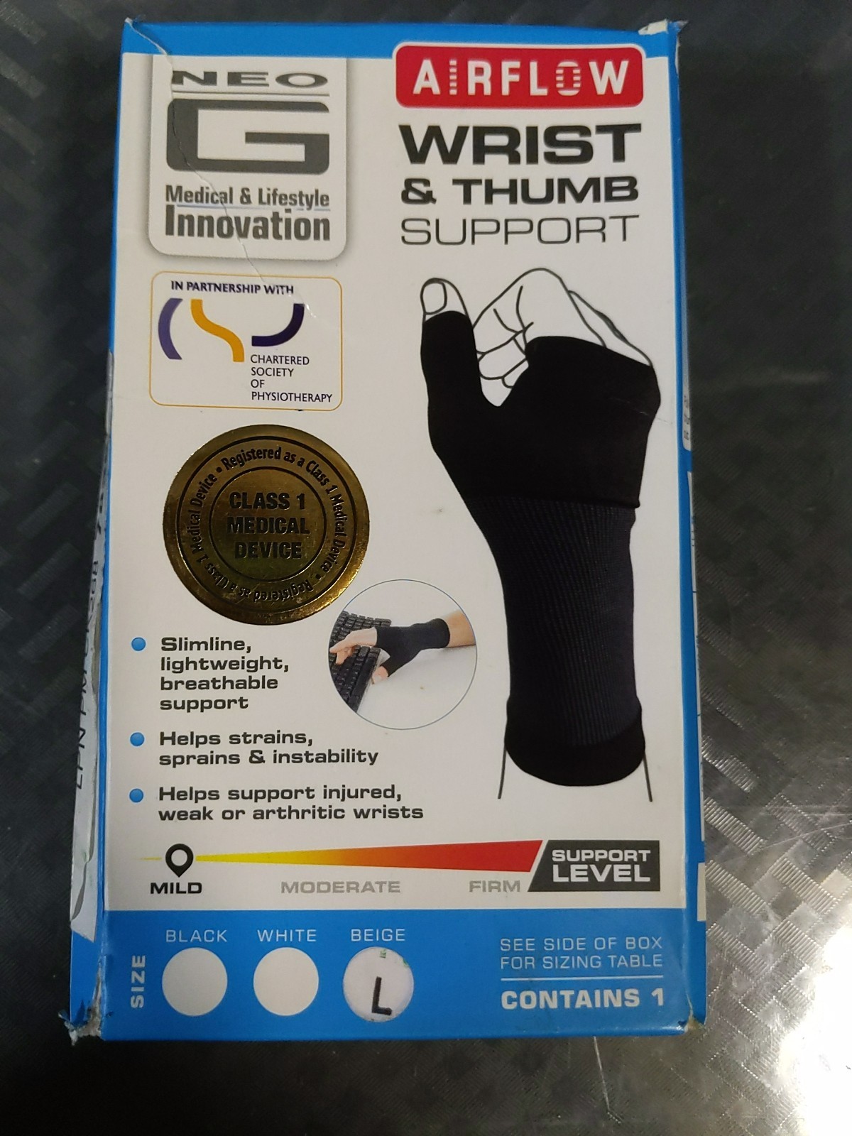Neo G Airflow Wrist & Thumb Mild Support Sleeve Beige Size Large Damaged Box #K7