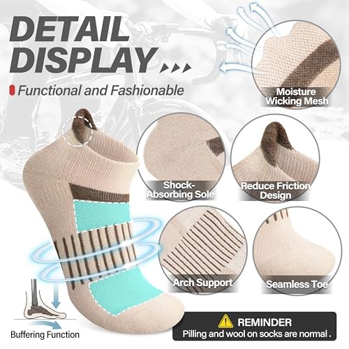 6 Pairs Merino Wool Ankle Running Hiking Socks Compression Large Brown Beige