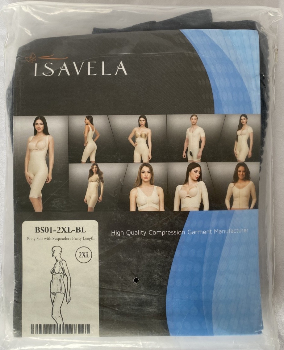 Isavela BS01-2XL-BL Compression Body Suit w/Suspenders Panty Lenght New