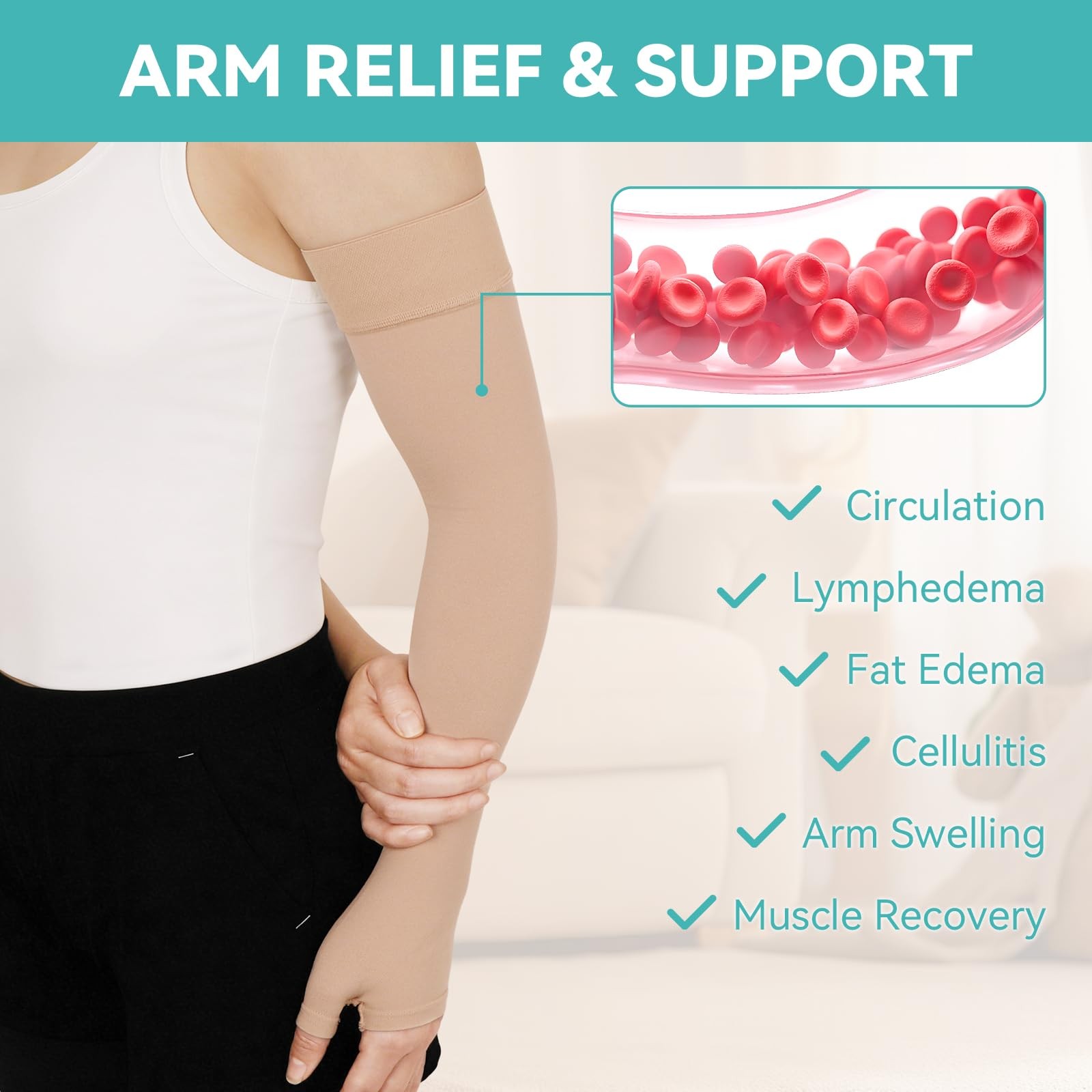 Lymphedema Compression Arm Sleeves for Women Men with Gauntlet, 20-30 mmHg Gr…